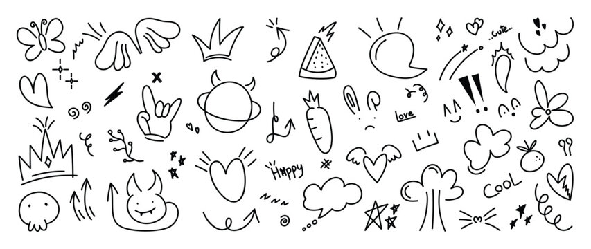 Set of cute pen line doodle element vector. Hand drawn doodle style collection of heart, speech bubble, word, cloud, arrow, watermelon, skull. Design for decoration, sticker, idol poster, social media