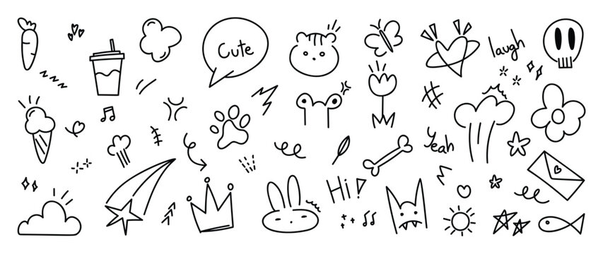Set of cute pen line doodle element vector. Hand drawn doodle style collection of heart, speech bubble, word, cloud, arrow, star, skull. Design for decoration, sticker, idol poster, social media