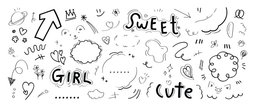 Set of cute pen line doodle element vector. Hand drawn doodle style collection of heart, flower, star, word, arrow, speech bubble, pig. Design for decoration, sticker, idol poster, social media