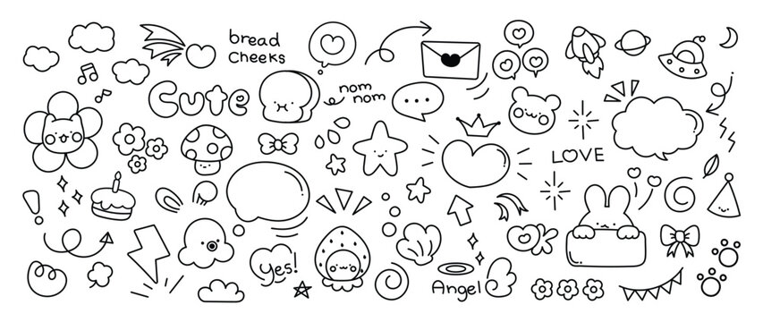Set of cute pen line doodle element vector. Hand drawn doodle style collection of heart, flower, crown, word, mushroom, bread, rocket, squid. Design for decoration, sticker, idol poster, social media