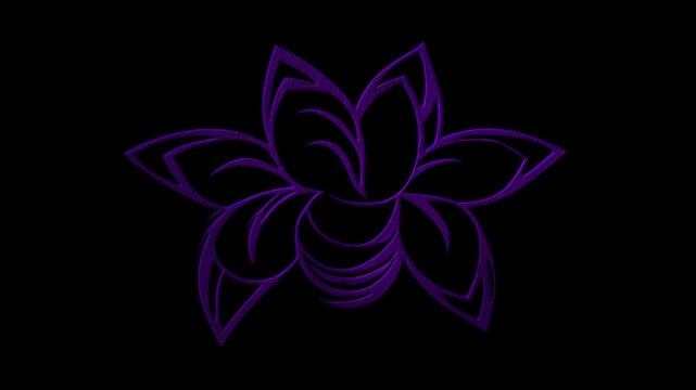 Purple lotus flower on a black background. Isolated purple color abstract floral vector logo. Unusual flower image. Simple flat plant outline. Decorative pattern.