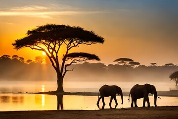 Naklejka na ściany i meble Beautiful Nature Around The World - A breathtaking sunset over the African savannah, silhouettes of acacia trees against the golden sky
