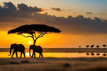 Fototapeta na wymiar Beautiful Nature Around The World - A breathtaking sunset over the African savannah, silhouettes of acacia trees against the golden sky