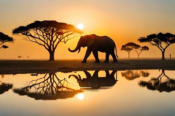 Naklejka na ściany i meble Beautiful Nature Around The World - A breathtaking sunset over the African savannah, silhouettes of acacia trees against the golden sky