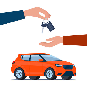 Dealer hand giving keys chain to a buyer hand. Red modern Suv car, side view. Buying or renting a car. Vector illustration.