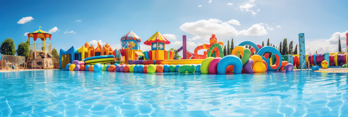 Fototapeta na wymiar Aquapark, inflatable toys on swimming pool, kids amusement, summer holidays