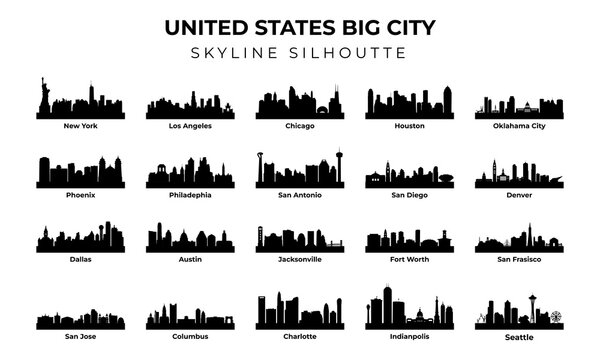 Usa City Skyline Silhouette set vector, America Big city Skyline silhouette vector