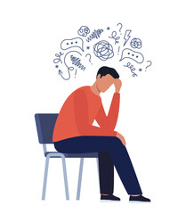 Young man is sitting surrounded by stream of thoughts, chaos in head. Mental disorder, anxiety, depression, stress, headache. Dizziness, sad, anxious thoughts, emotional burnout. Vector illustration. - obrazy, fototapety, plakaty