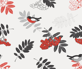 .Hand drawn branches of mountain ash with leaves , berries and birds. Vector seamless pattern.