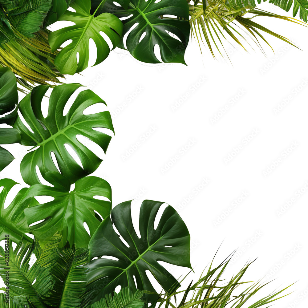 Sticker Tropical leaves nature frame layout of Monstera and split-leaf philodendron the exotic foliage plants isolated on white background