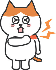 Orange tabby cartoon cat has a sore shoulder, vector illustration.