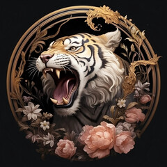 A Painting of a Growling Tiger Wreathed in Flowers Generative AI