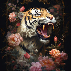 A Painting of a Growling Tiger Wreathed in Flowers Generative AI