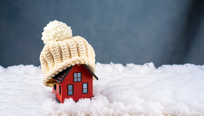 house in winter - heating system concept and cold snowy weather with model of a house wearing a knitted cap - obrazy, fototapety, plakaty