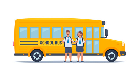 Kids near yellow classic school bus. Back to school concept. Vector illustration.