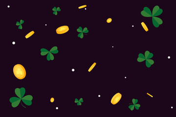 Happy Saint Patrick's Day background with clover leaves and golden coins. Vector illustration. 