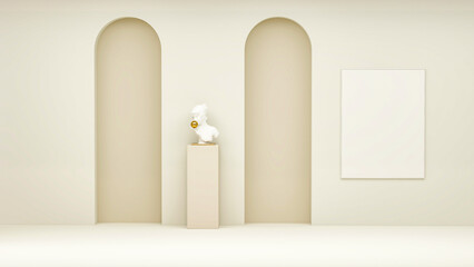 3D background, beige arch podium display. Trendy minimal studio banner. Greek, roman goddess. Bust sculpture on white background. Nature feminine beauty abstract 3D render.