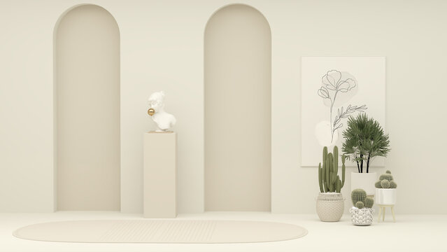 3D background, beige arch podium display. Trendy minimal studio banner. Greek, roman goddess. Bust sculpture on white background. Nature feminine beauty abstract 3D render.