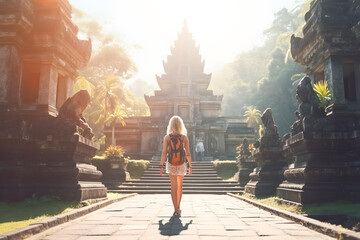 far view of woman backpacker at vacation in Indonesia ai generated art