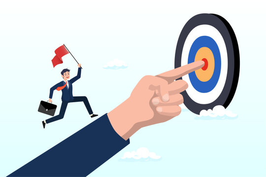 Businessman run on hand pointing toward target, goal oriented, setting goal and focus on target and aim to achieve success, work toward mission target, motivation and anticipation to win (Vector)