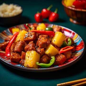 Sweet and Sour Pork, with chunks of red and green peppers and pineapple tidbits, served on a vibrant orange plate