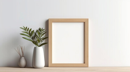 Fototapeta na wymiar Mock up wooden frame and plant on shelf with white wall background, minimal style backdrop, modern gallery with copy space backdrop. Generative AI