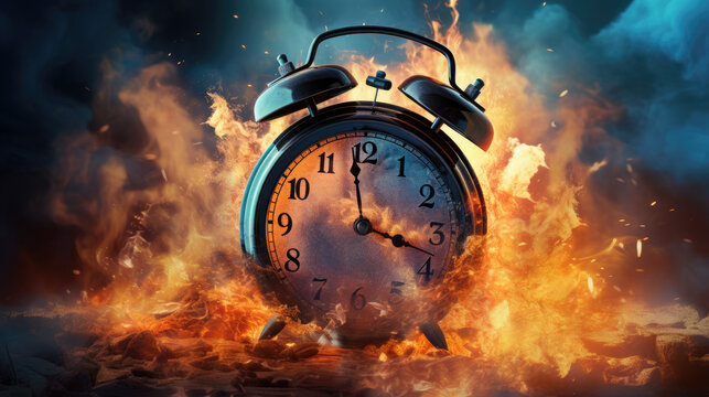 Burning alarm clock background. Black Friday and time out or deadline concept. Big sale and hot discounts. Generative AI