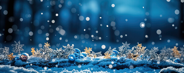 Fototapeta na wymiar Snowy, blue Christmas background. Gentle flying snow. Generative AI