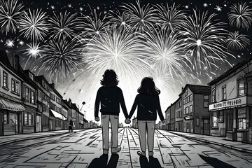 A back view of a cartoon couple watching a fireworks show in the evening.
