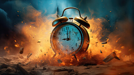 Burning alarm clock background. Black Friday and time out or deadline concept. Big sale and hot discounts. Generative AI - obrazy, fototapety, plakaty
