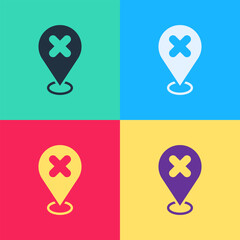 Pop art Map pin with cross mark icon isolated on color background. Navigation, pointer, location, map, gps, direction, place, compass, search concept. Vector