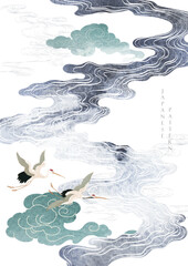 Japanese background with hand drawn wave grey   texture vector. Peony flower, hand drawn wave chinese cloud decorations in vintage style. Crane birds element with art abstract banner design. 