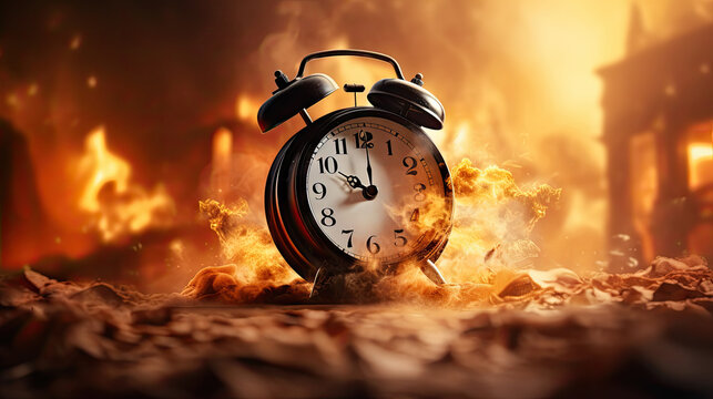 Burning alarm clock background. Black Friday and time out or deadline concept. Big sale and hot discounts. Generative AI