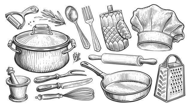 Set of kitchen utensils for cooking. Food concept. Sketch vintage illustration for restaurant or diner menu