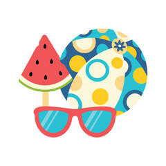 Beach set for summer trips. Sunglasses, watermelon ice cream, inflatable ball.