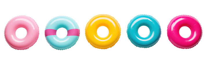 Lifebuoys isolated on transparent background, top view. PNG. Inflatable rings, kids swimming safety accessory