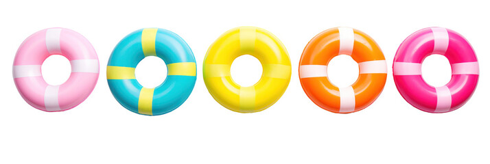 Lifebuoys isolated on transparent background, top view. PNG. Inflatable rings, kids swimming safety accessory