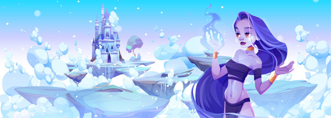 Winter queen looking at frozen castle on floating island. Vector cartoon illustration of blue skin witch character against background of medieval fortress flying on snowy pieces of land in cold clouds