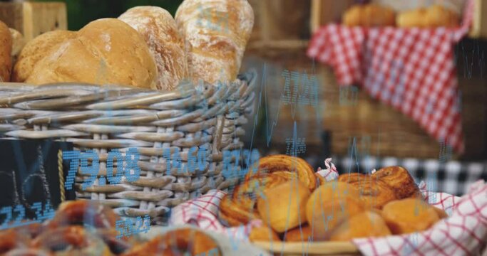 Animation of statistics and data processing over bread in baskets in food shop