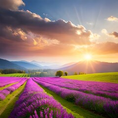 Fototapeta na wymiar lavender field at sunrise created using generative AI tools