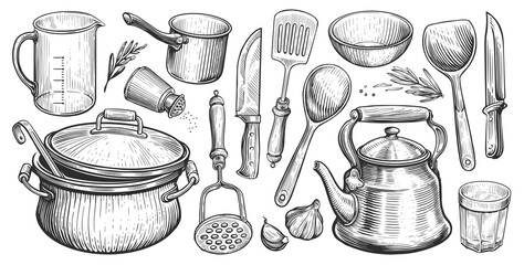 Set of kitchen utensils for cooking. Sketch vintage illustration for restaurant or diner menu