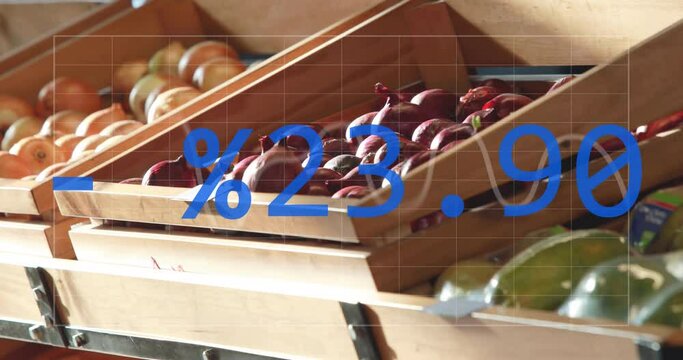Animation of statistics and data processing over vegetables in baskets in food shop