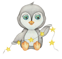 penguin with a garland watercolor