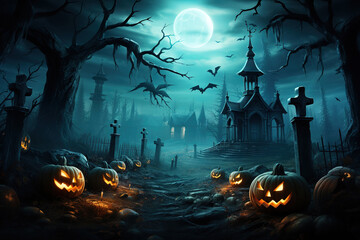 Scary pumpkins in spooky scary dark night, full moon, mystical fog. Halloween banner background.