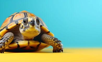 Creative Animal Concept. Turtle peeking over pastel bright background. Generative AI.
