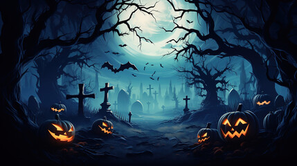 Scary pumpkins in spooky scary dark night, full moon, mystical fog. Halloween banner background.