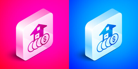 Isometric House with dollar symbol icon isolated on pink and blue background. Home and money. Real estate concept. Silver square button. Vector