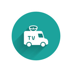 White TV News car with equipment on the roof icon isolated with long shadow background. Green circle button. Vector