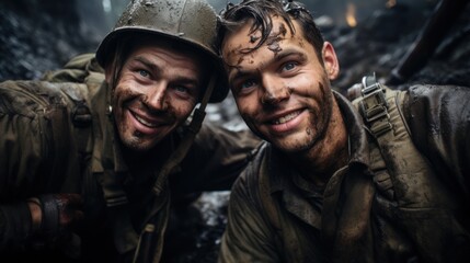 Fototapeta premium Two soldiers from the army in World War II. Man smiling selfie in a booby trap.