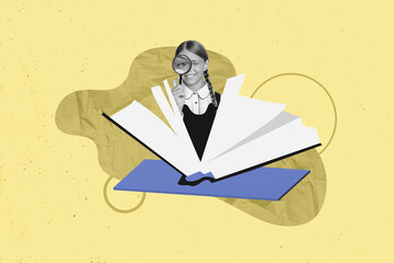 Collage of young funky schoolgirl hold magnifying glass zoom find information her favorite...
